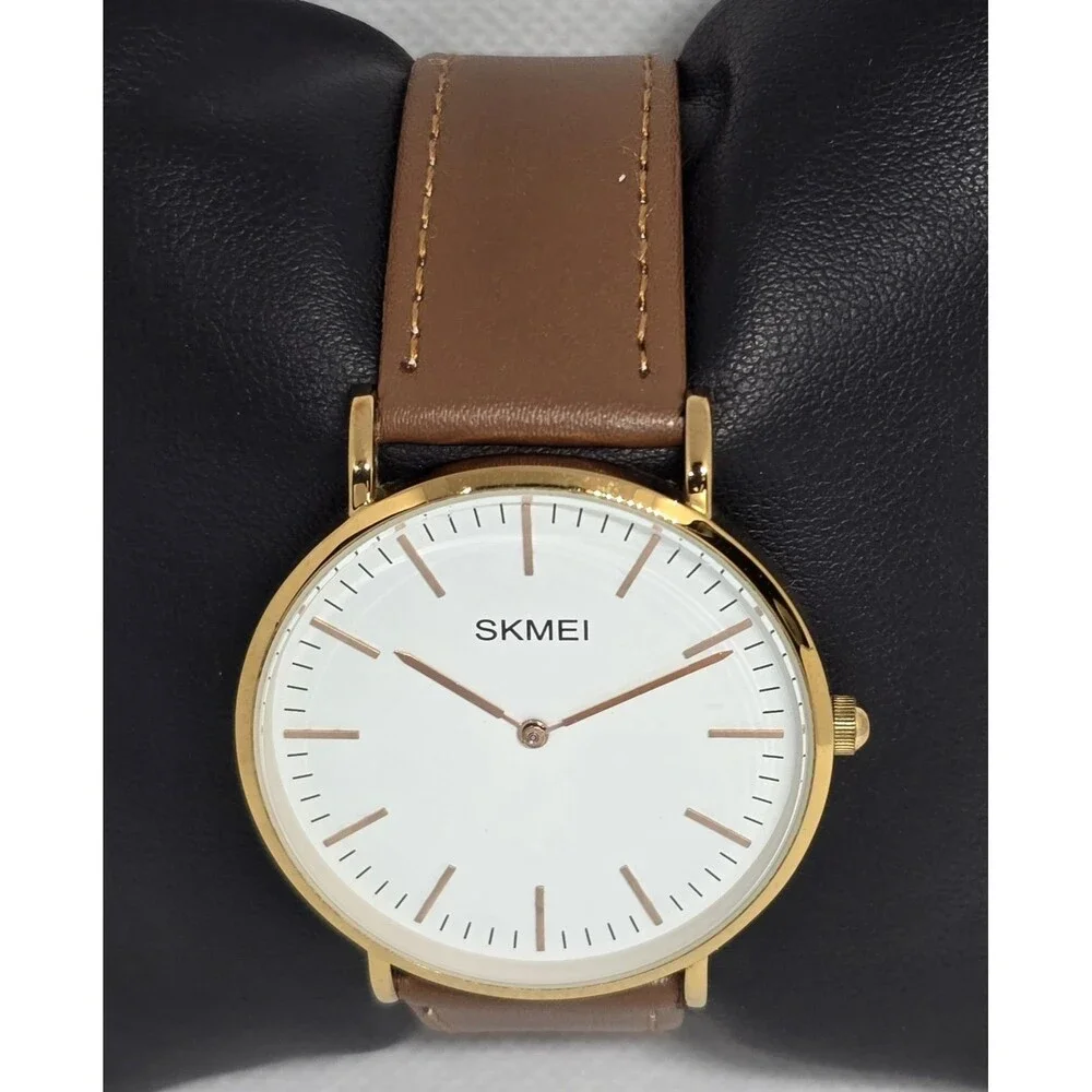 Mens Skmei Classic Dress Round Gold Tone Case White Dial Brown Strap Watch 13 - Picture 4 of 9